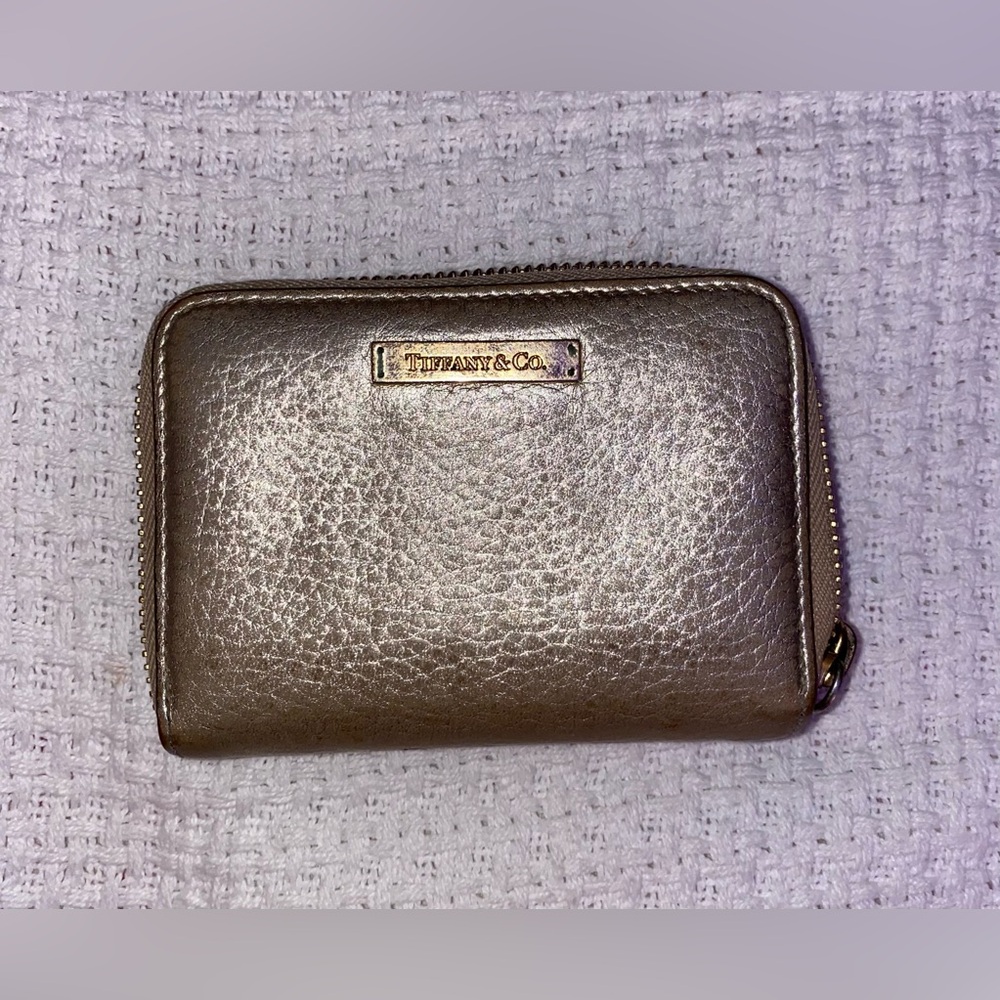 Tiffany & Co. Leather Zip Around Small Gold Wallet w blue interior *well worn*